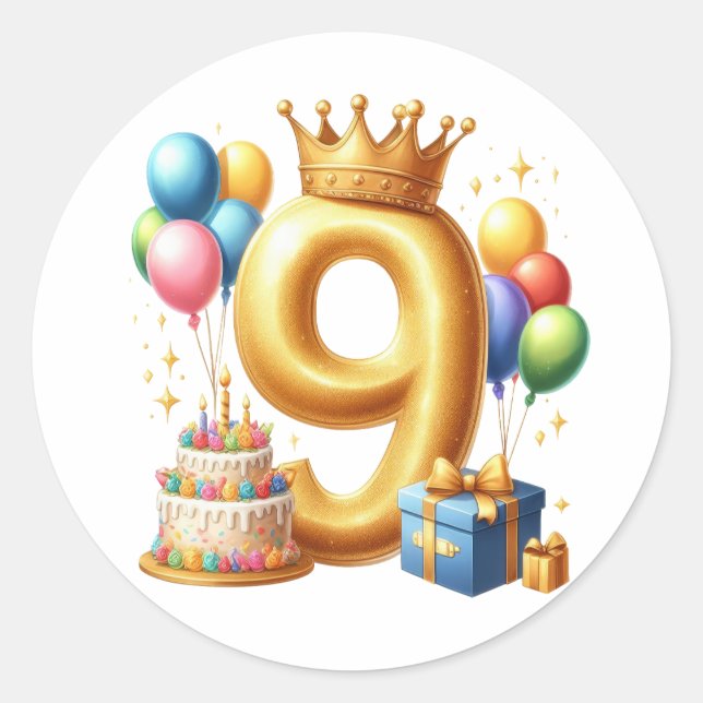 Golden 9th Birthday Classic Round Sticker (Front)
