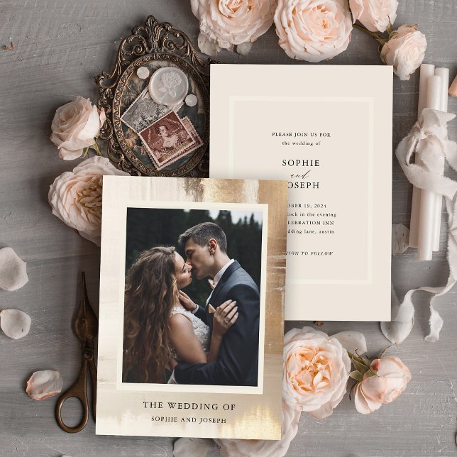 Golden Abstract | Elegant Photo Wedding Invitation (A glamorous photo wedding invitation with an abstract gold background and a neutral tone on the back)