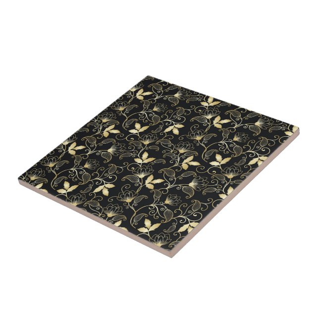 Golden Abstract Floral on Black Background Tile (Side)