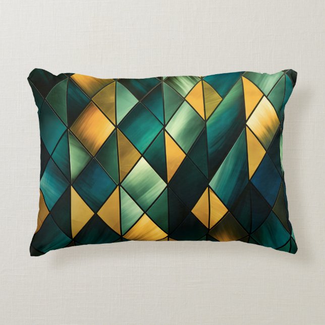 Golden Abstract Green Geometric  Decorative Cushion (Front)