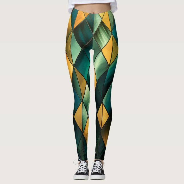 Golden Abstract Green Geometric  Leggings (Front)