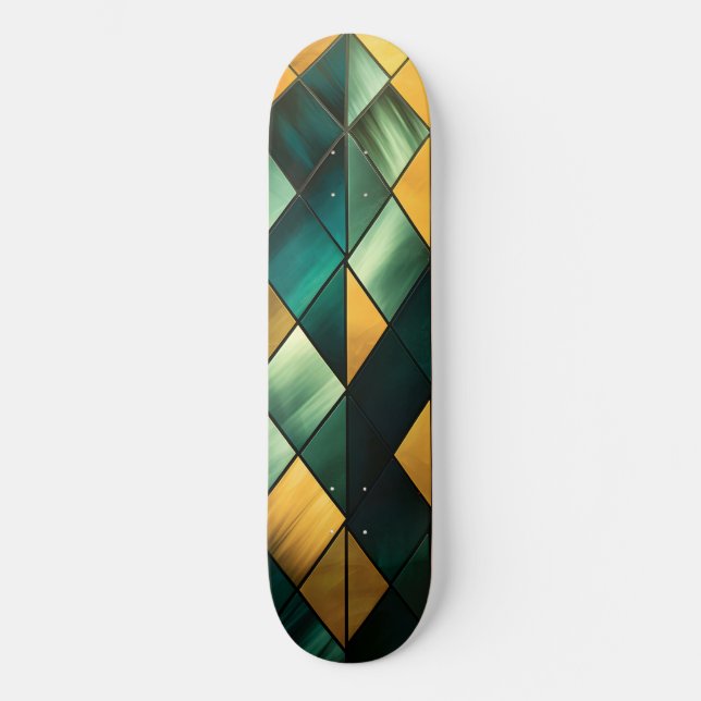 Golden Abstract Green Geometric  Skateboard (Front)