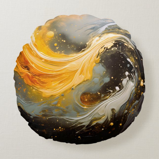 Golden Abstract Marble Modern Waves Round Cushion (Front)