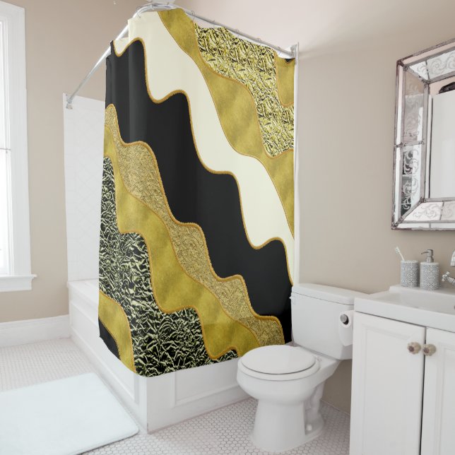 Golden Abstract Wave Modern Gold Glam Trendy Shower Curtain (In Situ)