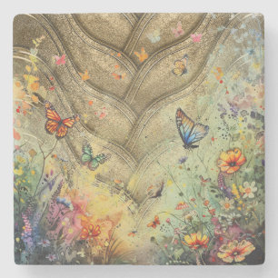 Golden accent butterfly garden custom art stone coaster