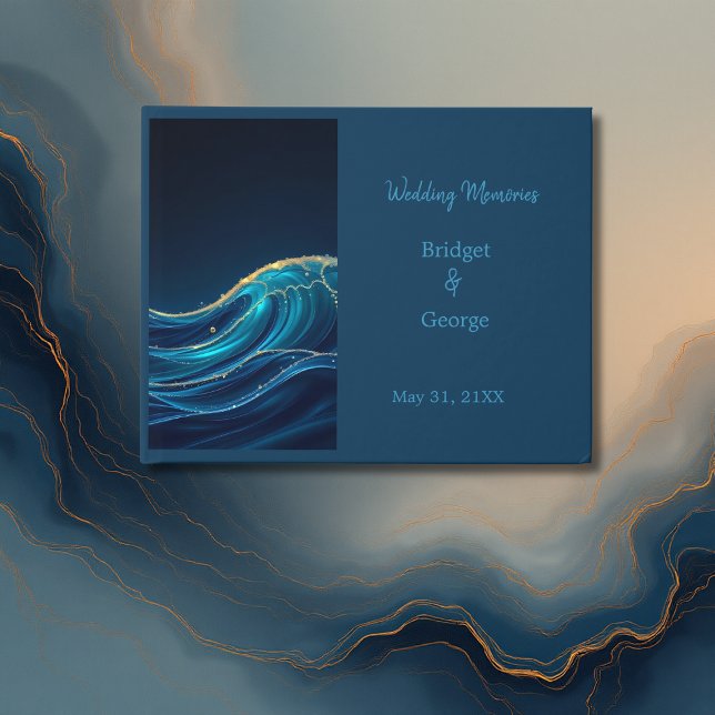 Golden Accented Abstract Ocean Waves wedding Guest Book (Creator Uploaded)