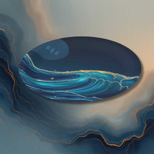 Golden Accented Abstract Ocean Waves wedding Paper Plate (Creator Uploaded)