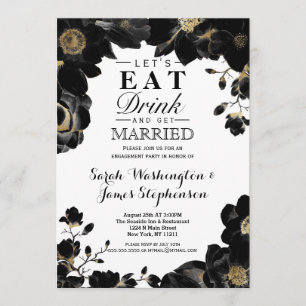 Golden Accented Black Floral Engagement Party Invitation