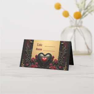 Golden accents, red roses, and a heart:  place card