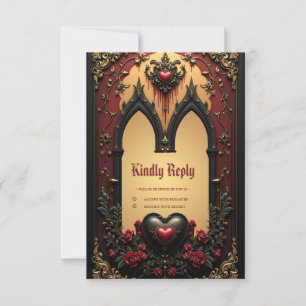 Golden accents, red roses, and a heart:  RSVP card