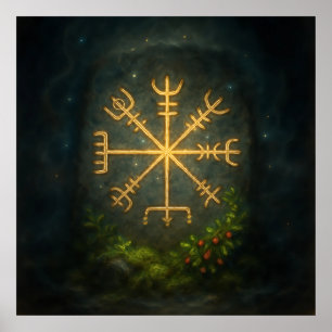 Golden Ægishjálmur – Norse Protection Sigil in Enc Poster