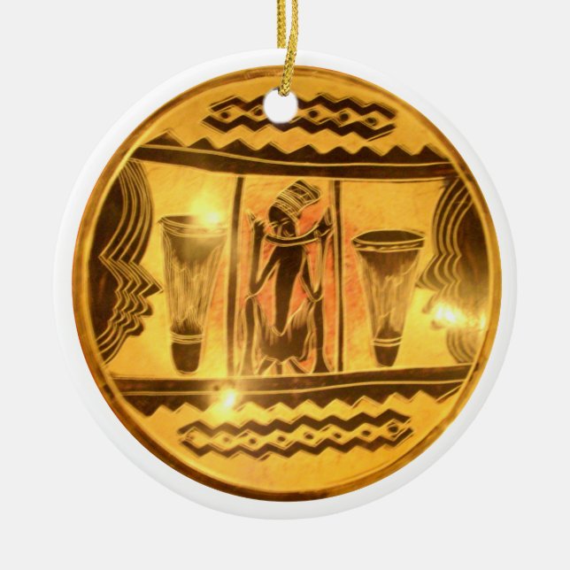 Golden African Ethnic Art Print Design Ceramic Tree Decoration (Front)