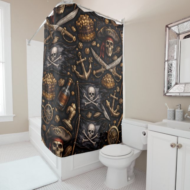 Golden age pirate treasure shower curtain (In Situ)