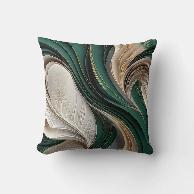 Golden Air – Emerald & Gold Flowing Abstract Cushion (Front)