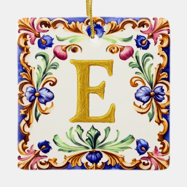 Golden Alphabet – Letter E Ceramic Ornament (Front)