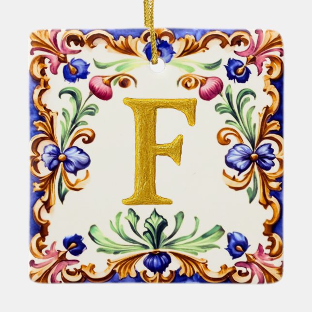 Golden Alphabet – Letter F Ceramic Ornament (Front)
