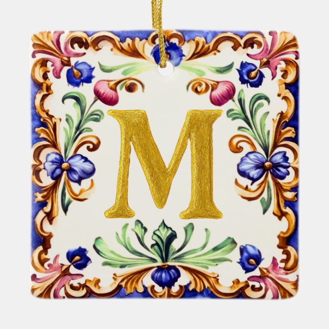 Golden Alphabet – Letter M Ceramic Ornament (Front)