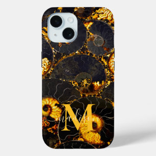 Golden Amber black Nautilus shell pattern, fossil  iPhone 15 Case