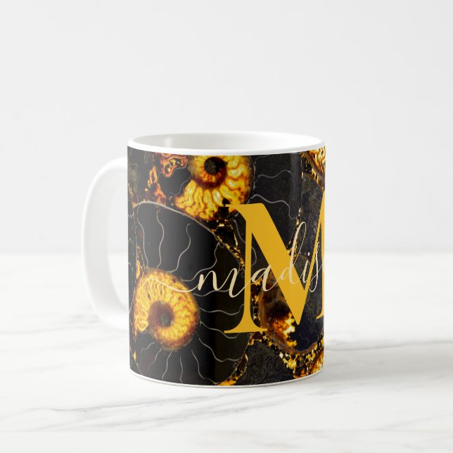 Golden Amber black Nautilus shell pattern, fossil  Coffee Mug (Front Left)