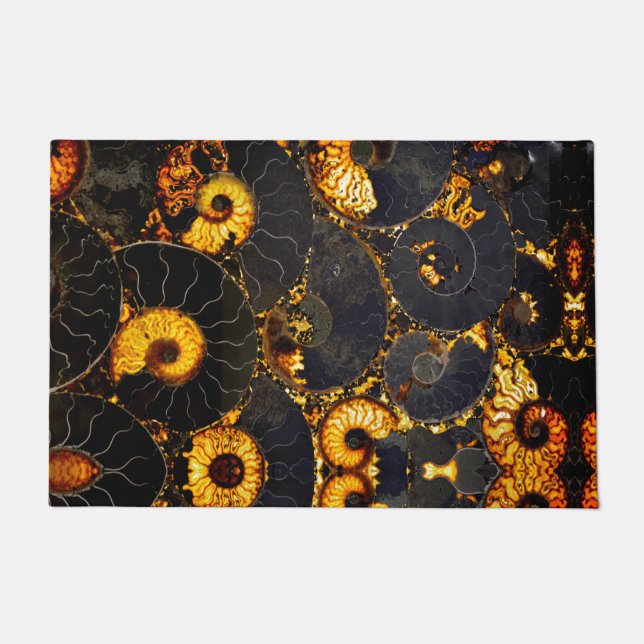 Golden Amber black Nautilus shell pattern, fossil  Doormat (Front)