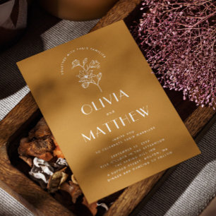 Golden Amber Floral Minimalist Wedding. QR & Photo Invitation