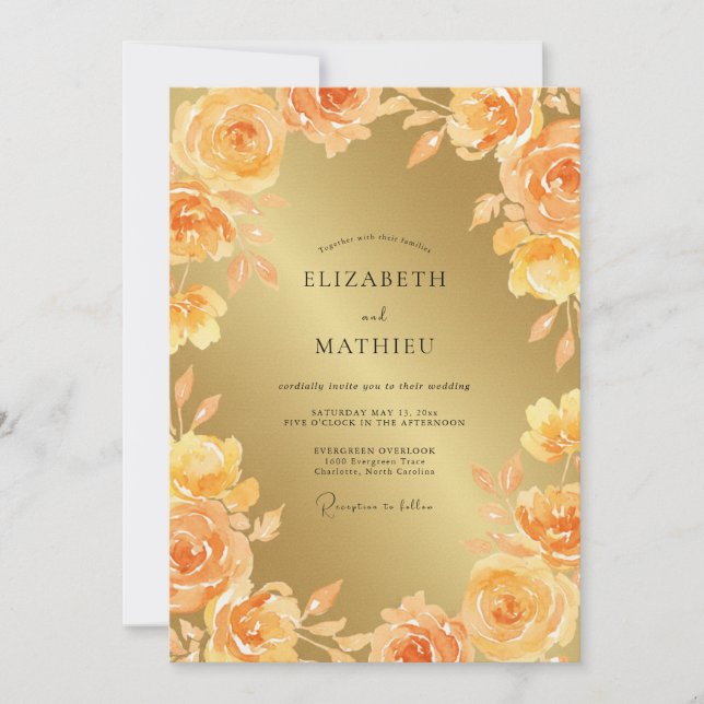 Golden Amber Rose Wedding Invitation (Front)