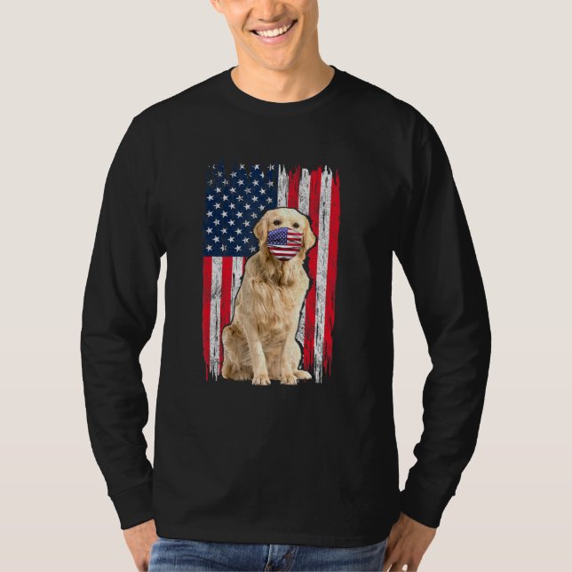 Golden American Flag Dog Wears Face Mask 4th Of Ju T-Shirt (Front)