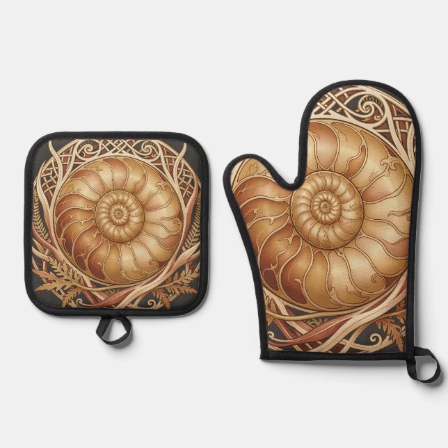 Golden Ammonite Fossil Celtic Frame Ornate Pattern Oven Mitt & Pot Holder Set (Front)