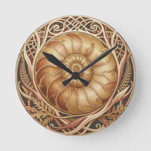 Golden Ammonite Fossil Celtic Frame Ornate Pattern Round Clock
