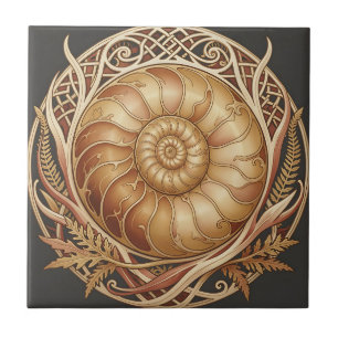 Golden Ammonite Fossil Celtic Frame Ornate Pattern Tile