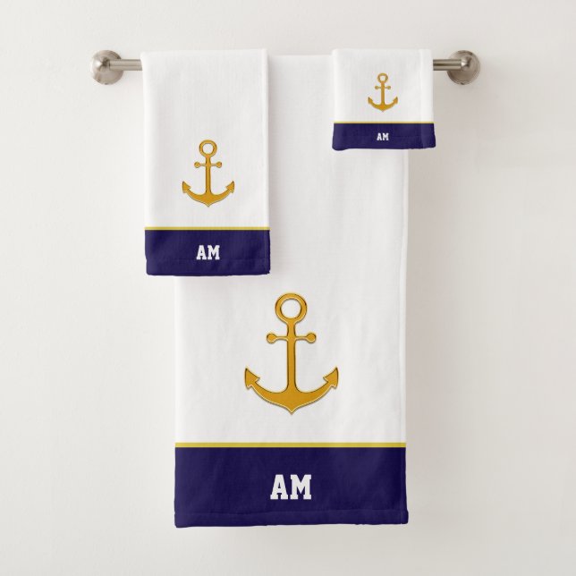 Golden anchor & monogram on navy blue & white bath towel set (Insitu)