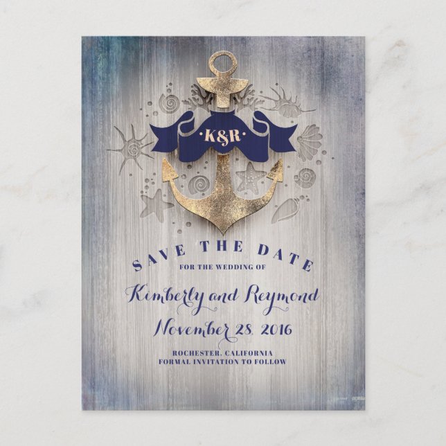 Golden Anchor Nautical Save the Date Announcement Postcard (Front)