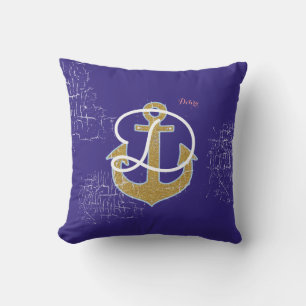 golden anchor on blue personalised nautical cushion