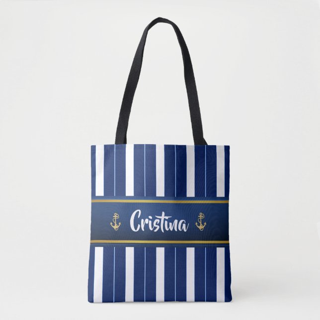 Golden Anchor on Blue Stripes Nautical (2 sides!) Tote Bag (Front)