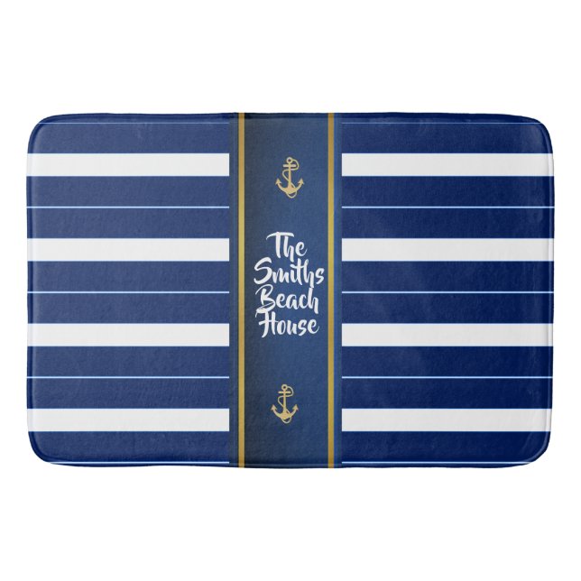 Golden Anchor on Blue Stripes Nautical Bath Mat (Front)