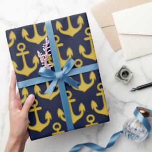 Golden Anchor on Navy Blue Background Wrapping Paper