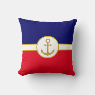 Golden Anchor on Navy Blue, Red & White Cushion
