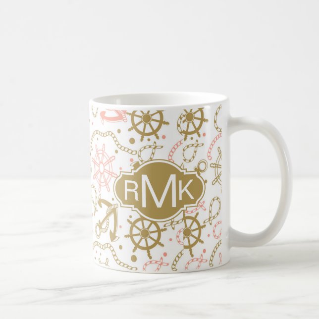 Golden Anchor Pattern | Monogram Coffee Mug (Right)