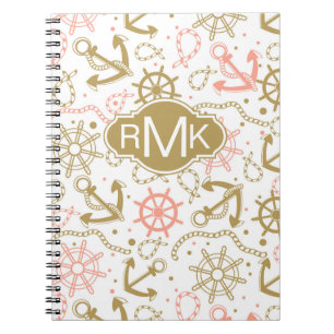 Golden Anchor Pattern   Monogram Spiral Notebook