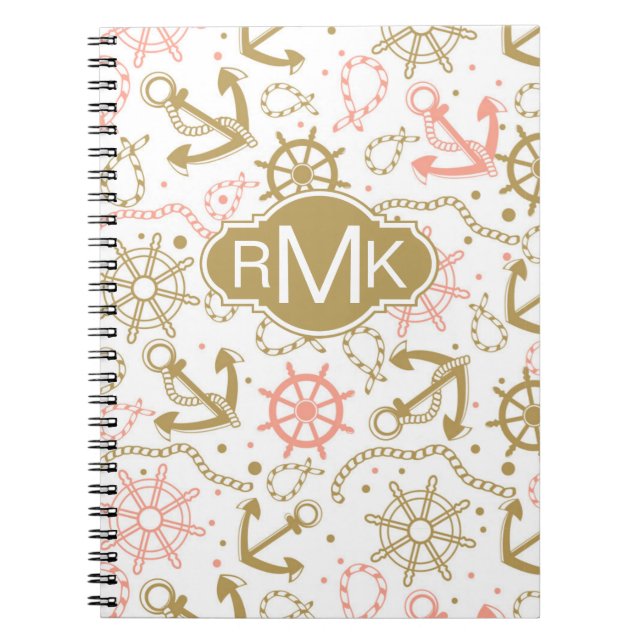 Golden Anchor Pattern | Monogram Spiral Notebook (Front)