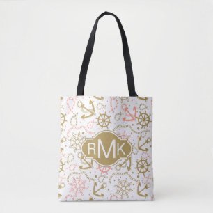 Golden Anchor Pattern Monogram Tote Bag