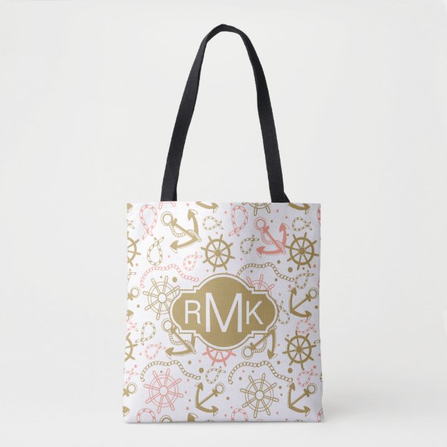 Golden Anchor Pattern | Monogram Tote Bag (Front)