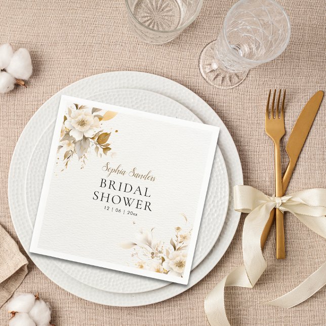 Golden and Beige Watercolor Flowers Bridal Shower Napkin (Creator Uploaded)