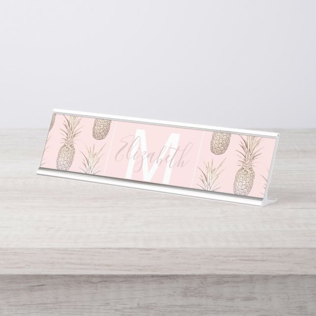 Golden and blush pineapples pattern desk name plate (Front)