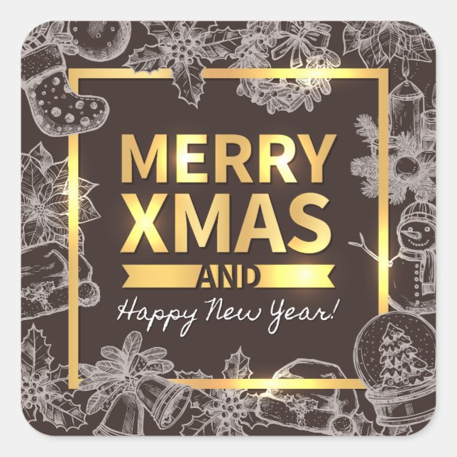 Golden and Chalk Merry Christmas Happy New Year Square Sticker (Front)