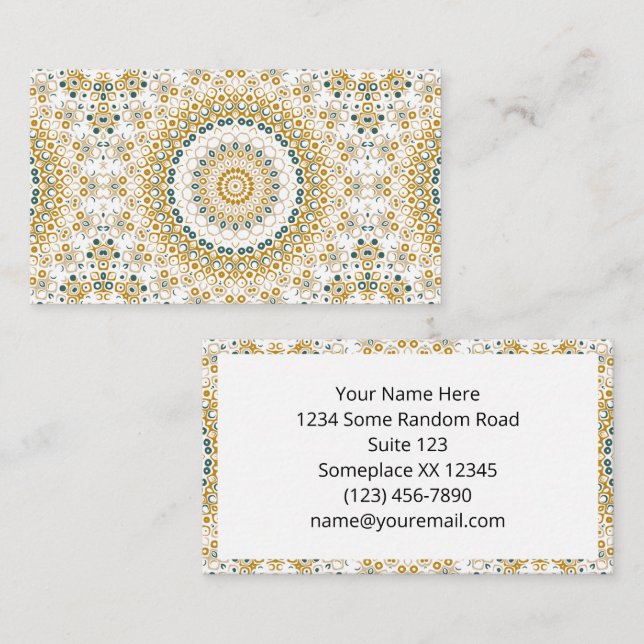 Golden and Green Geometric Mandala Pattern Business Card (Front/Back)