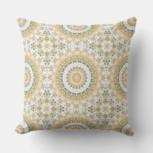 Golden and Green Geometric Mandala Pattern Cushion