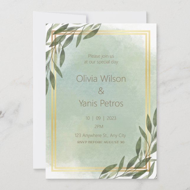 Golden And Green Watercolor Floral Wedding  Invitation (Front)