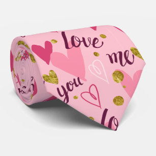 Golden and Pink Hearts with Love Me You Pattern Tie