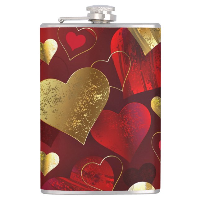 Golden and red valentines hip flask (Front)